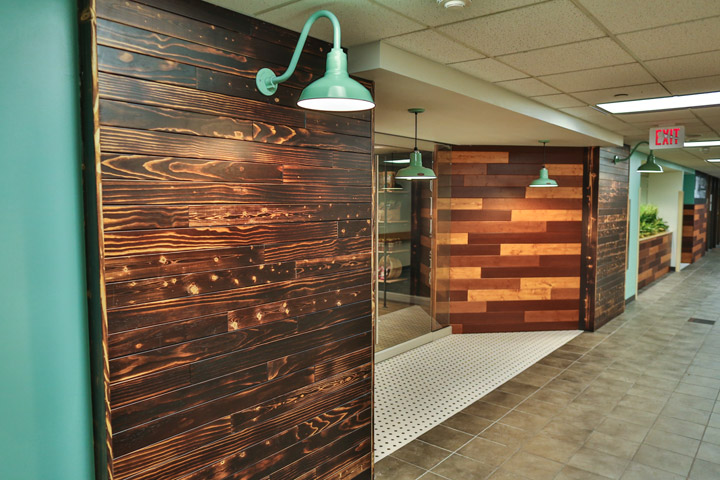 charred wood panel wall entryway