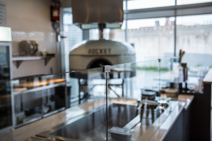 glass sneeze guard - quartz countertops